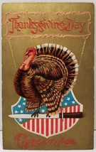 Thanksgiving Day Patriotic Embossed Turkey on Knife Golden Bronze Postcard E2 - £7.82 GBP