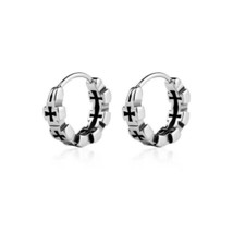 Silver Small Black Cross Huggie Hoop Earrings Surgical Steel Gothic Punk Jewelry - £9.34 GBP