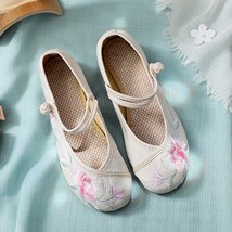 Veowalk Flower Embroidered Women Comfortable Canvas Ballet Flats Instep Buckles  - £21.96 GBP