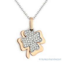 4-Leaf Clover Irish Luck Charm Diamond Necklace Pendant in 14k Rose &amp; White Gold - £306.77 GBP