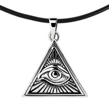 All Seeing Eye Illuminati Triangle Sterling Silver .925 Black Rubber Necklace - £25.31 GBP