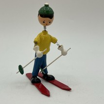 Vintage Wood Goula Boy Skier Wood Bobblehead Figurine Spain Winter Christmas 3&quot; - $14.01