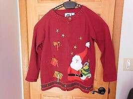 Storybook Knits Vintage Hsn Red Zippered Cardigan Sweater Xl Starry Santa Embell - $39.95