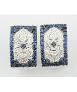 14k White Gold Diamond and Sapphire Plaque Huggie Earrings with Antiqued... - €2.355,13 EUR