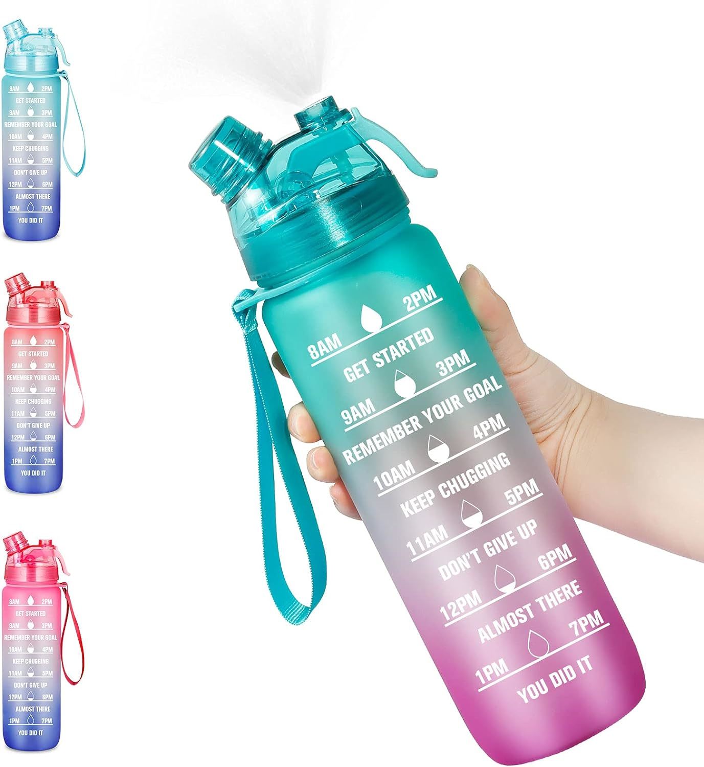 Primary image for 32 oz Motivational Water Bottle with Time Marker Water Bottle with Spray Mist Le