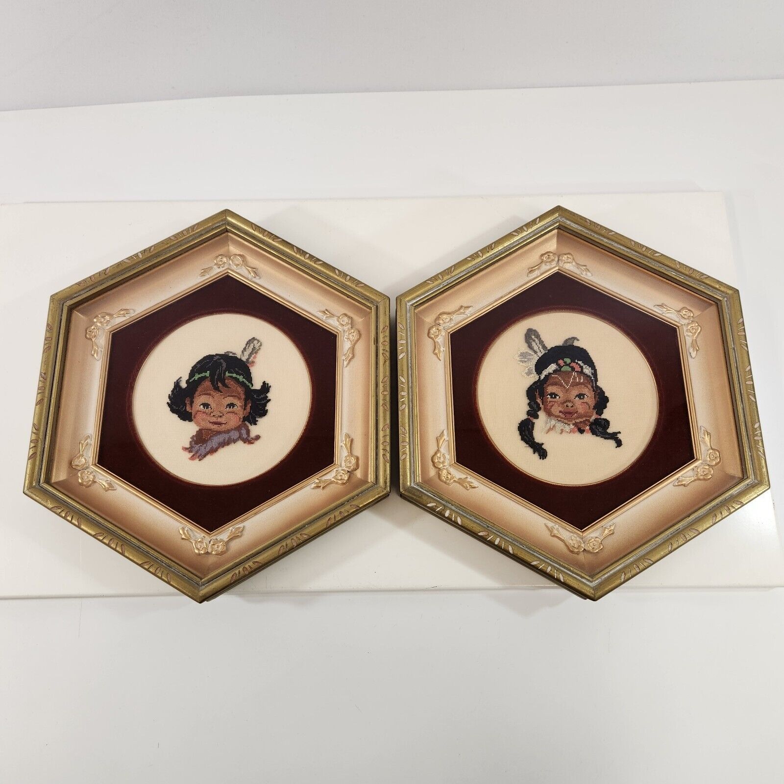 Primary image for Petit Point Native American Children Babies Framed Pictures Vtg Hexagonal