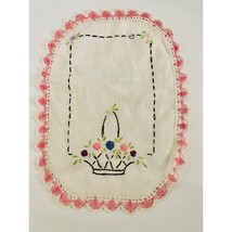 Vintage Hand Embroidered Doily Floral Basket Motif With Crocheted Edge - £9.46 GBP
