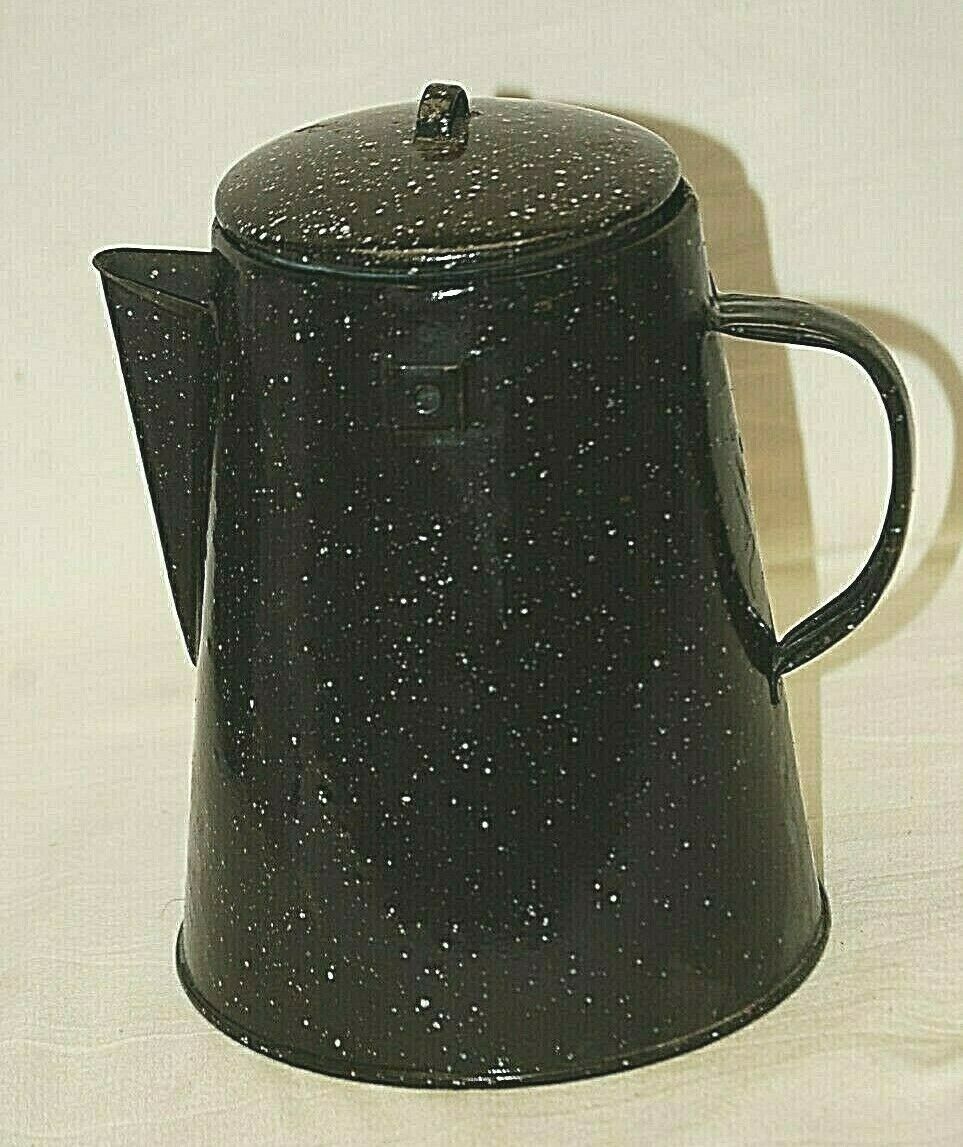 Enamelware Cowboy Coffee Pot Camp Fire Chuck Wagon Tool Black White
