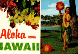 Aloha From Hawaii Postcard Chrome Hula Dancer Tropical Flowers Unposted Vintage - £8.06 GBP