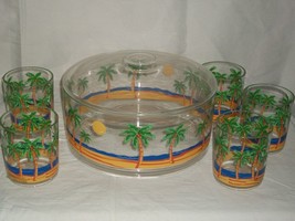 Tropical Beach Palm Tree Party Cup Set Bowl Case With Lid 5 Cups BBQ Summer Luau - £39.95 GBP