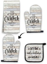 The Happy Camper Rustic Camping Heat Resistant Oven Gloves Hot Pads Hand... - £30.54 GBP