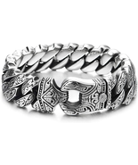 Mens Stainless Steel Vintage Fancy Curb Chain Bracelet with Tribal Tatto... - £36.87 GBP