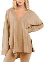 NEW Womens Oversized V-neck Side Slit Shirt taupe ladies sz S reversible top LS - £6.35 GBP