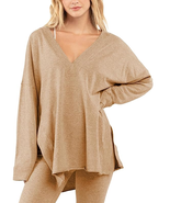 NEW Womens Oversized V-neck Side Slit Shirt taupe ladies sz S reversible... - £6.25 GBP