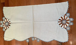 Vintage Blue Crocheted edge linen table mantle runner 17&quot;x36&quot; #10w - $22.81