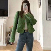 Runway Fall Korean Women&#39;s Clothes High Quality   Chic Tweed en Green Coat Fashi - £88.57 GBP