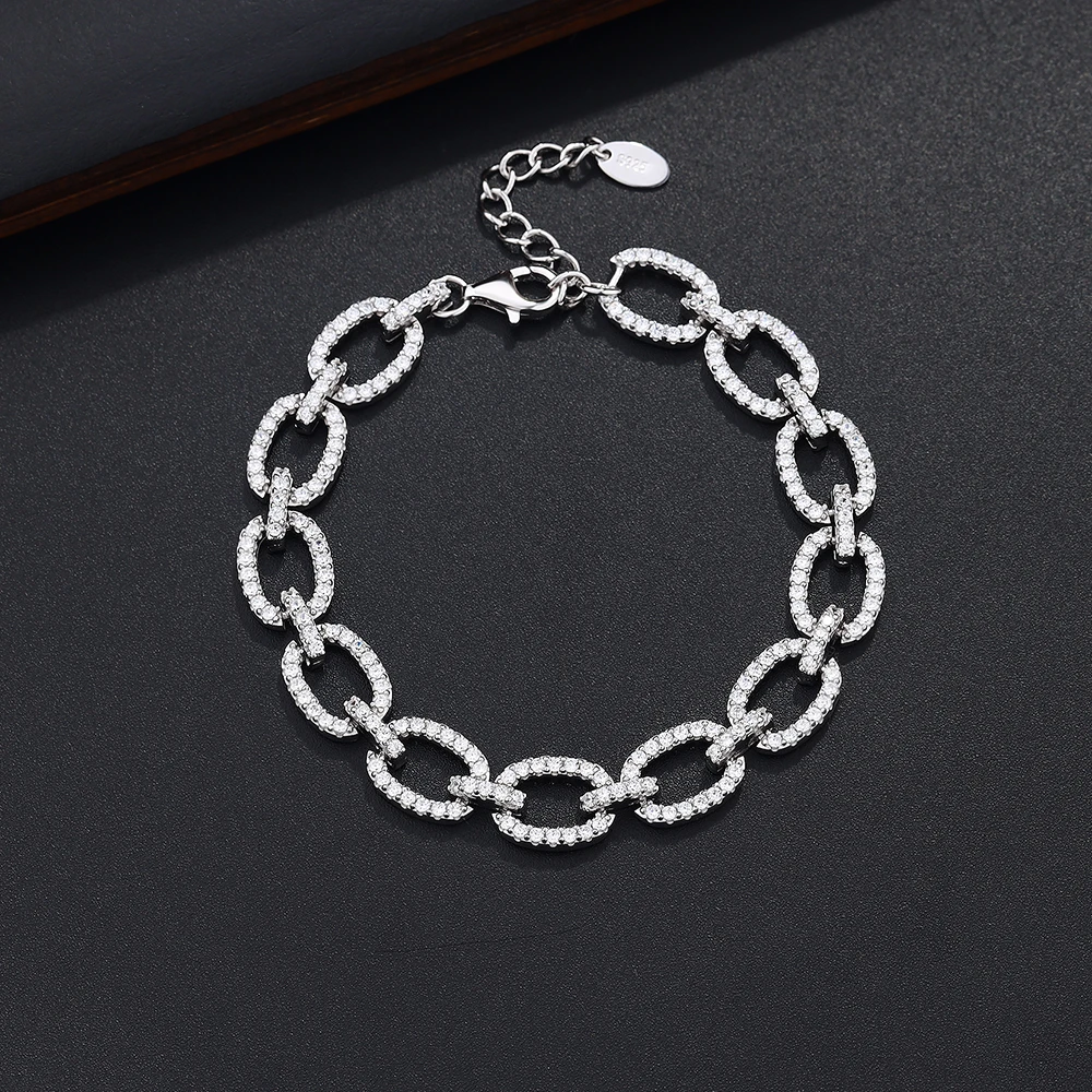 Pure Silver Oval Chain Link Bracelet 15.5+3 CM Pave 1.3 mm Multi Bling Rainbow Z - £75.40 GBP