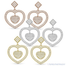 925 Sterling Silver Micro-Pave Cubic Zirconia CZ Crystal Dangling Heart Earrings - $73.02