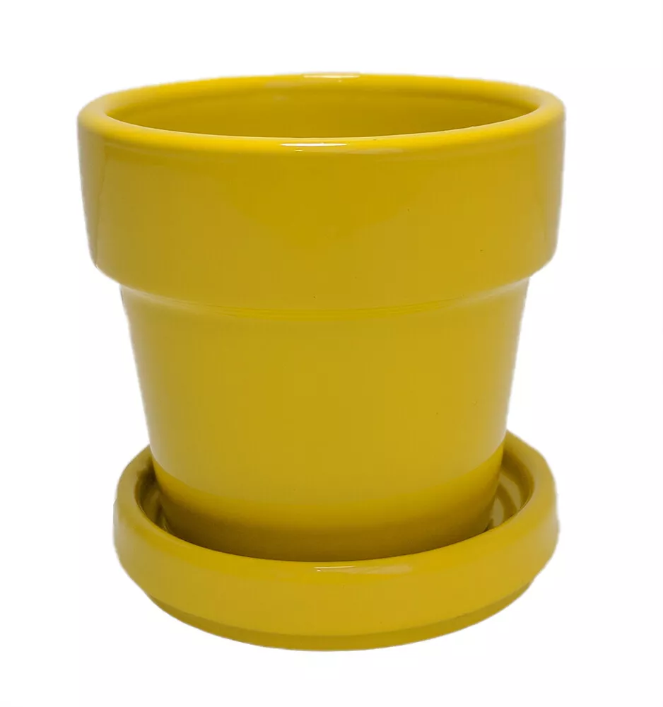 Mini Ceramic Pot + Saucer - 2 3/4&quot; x 2 3/4&quot;- Yellow - $27.32