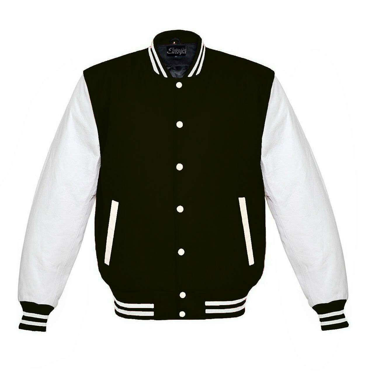 Varsity college  Black Wool Letterman Jacket Real White Leather Sleeves