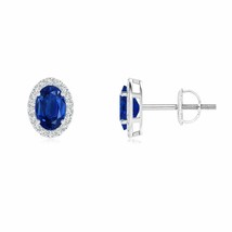 Blue Sapphire Oval Stud Earrings with Diamond in 14K Gold (Grade-AAA , 6x4MM) - £1,335.81 GBP