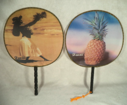 Vtg Set of 2 Hawaiian Nylon Hand Fan Hula Girl &amp; Pineapple 13” Long 9” Wide - $11.83