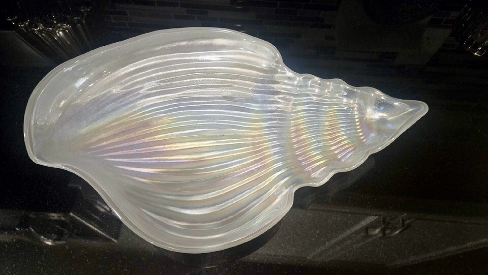 Large Iridescent White Swirl Art Glass 14" Conch Seashell Trinket Bowl Dish - $17.46 Large Iridescent White Swirl Art Glass 14" Conch Seashell Trinket Bowl Dish - $17.46