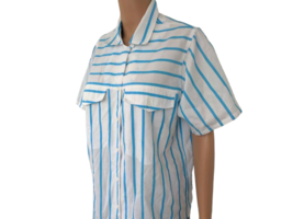 80s White Striped Summer Blouse Cotton Blend Casual Short Sleeve Button ... - $23.00