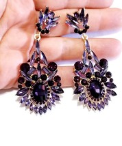 Purple Rhinestone Earrings, Marquise Chandelier Earrings, Crystal Drop Earrings, - £31.88 GBP