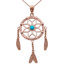 10k Solid Rose Gold Turquoise Flower Dream Catcher Pendant Necklace - £265.95 GBP+