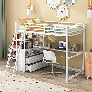 Twin Size Loft Bed With Desk And Shelves,Metal &amp; Wood Loft Bed With 2 Bu... - $788.99