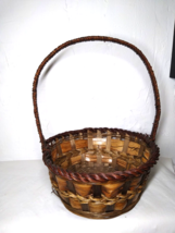 Medium Brown Med. Size Wicker Woven Band Round Basket w/Tall Hoop Handle! - £12.70 GBP