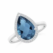 ANGARA Pear-Shaped London Blue Topaz Cocktail Ring with Diamond Halo - £752.62 GBP