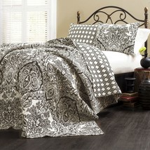 King size 3-Piece Cotton Quilt Set in Black White Paisley Damask - £147.53 GBP