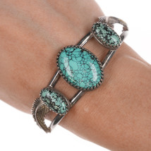 6.5&quot; Vintage Southwestern sterling and turquoise cuff bracelet with fancy bezels - £177.06 GBP