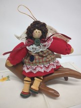 Primitive Christmas Ornament. Angel  Wooden Head And Spool Legs Cloth Wings - £7.91 GBP