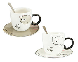 Pack Of 2 Brown And White Maneki Neko Cat Mugs 8oz With Saucer &amp; Notched... - $25.99