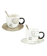 Pack Of 2 Brown And White Maneki Neko Cat Mugs 8oz With Saucer &amp; Notched... - $35.54 CAD