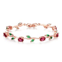  Rose Gold Color Leaf Chain &amp; Link Bracelet with Red + Green AAA Zircon for Moth - £15.78 GBP