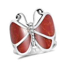 Captivating Butterfly Motif Red Coral Statement Sterling Silver Ring-11 - £17.34 GBP