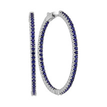 14k White Gold Womens Round Blue Sapphire Inside Outside Hoop Earrings 3-3/4 - £1,442.50 GBP