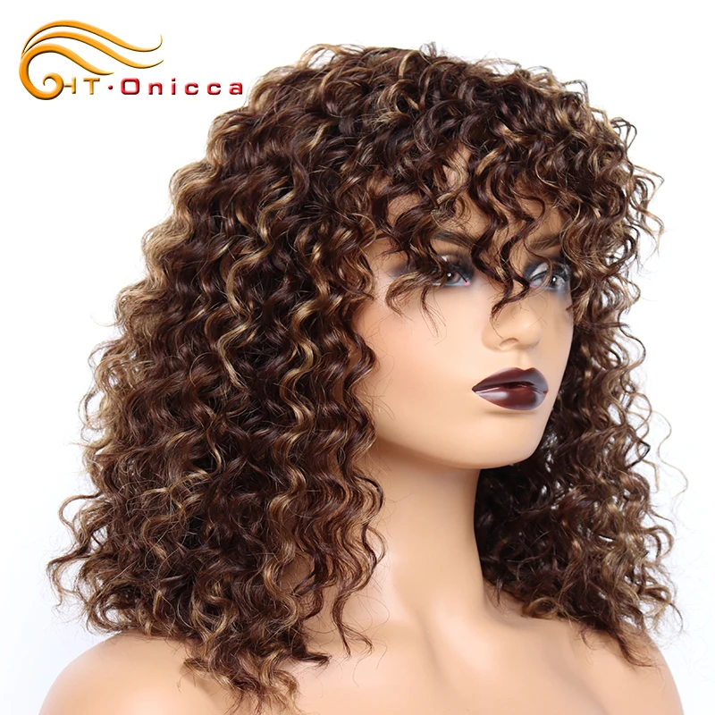 Curly Highlight Wig Human Hair Brazilian Hair Wig With Bangs Colored Human Ha - £37.61 GBP+