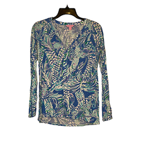 Lilly Pulitzer Top Size XXS Blue Green White Floral Pullover 100% Cotton Womens - £17.14 GBP