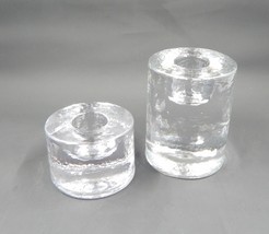 Round Art Glass Taper Candle Stick Holder Ice Textured Pair Set of 2 - £47.18 GBP