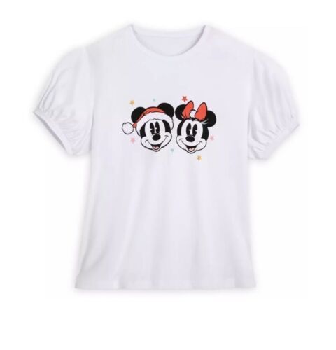 Disney Store Mickey and Minnie Mouse S/S Holiday Top for Women in White ... - $35.63