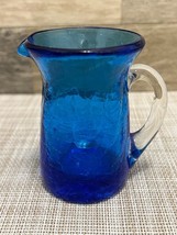 Blue Crackle Glass Miniature Pitcher! Mini Blue Art Glass - Vintage! - $9.50