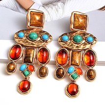 Vintage Metal Colorful Stone Crystal Dangle Long Drop Earring - $13.00