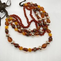 Multi Strand Layered Ribbon Necklace Faux Coral Amber Tiger Eye Gold Ton... - £6.18 GBP