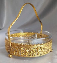 Vintage Gold Floral Filigree Divided Glass Ashtray Dish w/ Handle, Ball Feet - £23.04 GBP