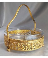 Vintage Gold Floral Filigree Divided Glass Ashtray Dish w/ Handle, Ball ... - $29.30